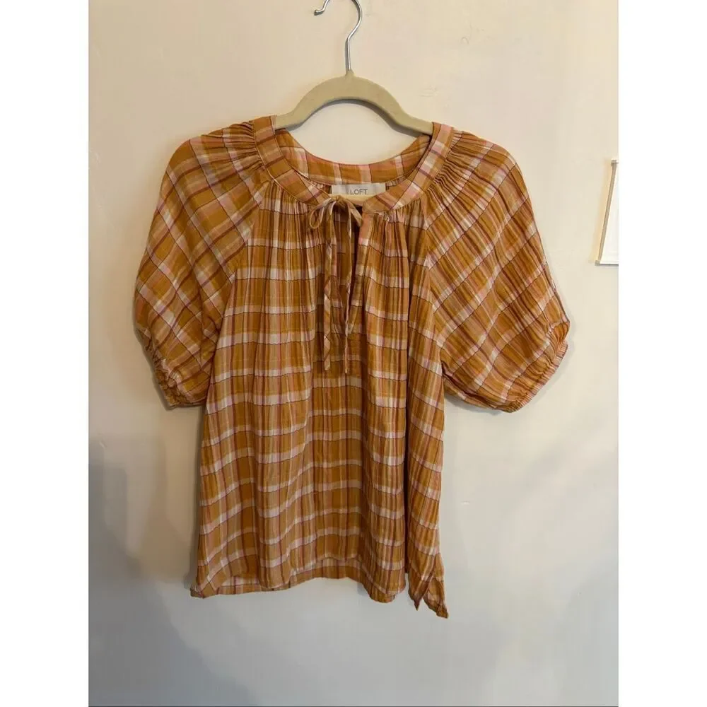 LOFT Yellow Plaid Tie Front Blouse Small Puff Sleeve Lightweight Cotton